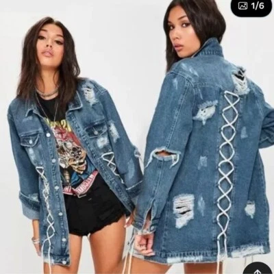Missguided Rasgado Gran Tamaño Denim Chaqueta Vestido Envejecido Jeans Abrigo Talla 4 Foto 1 de 4