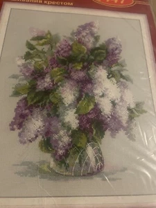 Riolis Cross Stitch Kit 1447 Gentle Lilac Purple Flowers 14 Count  New - Picture 1 of 3