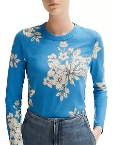 New Trenery Blue Linen Cotton Cluster Floral Long Sleeve T-shirt Top Sz Medium - Picture 1 of 8