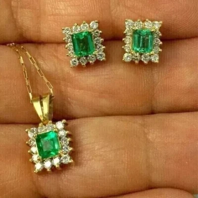 Lab-Created Emerald Cut Women Jewelry Set 14k Yellow Gold Plated 3Ct Emerald Cut - Image 1 of 4