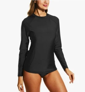 Women's UPF 50+ Rashguard Swim Shirt UV Sun Protection Long Sleeve Black SzSmall - Picture 1 of 8