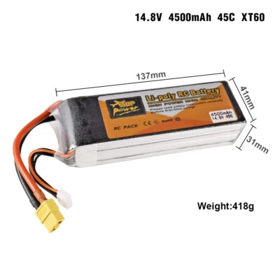 Zop Power 4S 14.8V 4500mAh 45C XT60 Enchufe RC Lipo Batería para RC Coche Barco Drone Foto 1 de 2