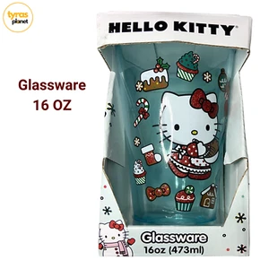 Hello Kitty Sanrio Christmas Glass Cup Gingerbread Holiday Blue 16 oz New In Box - Picture 1 of 4