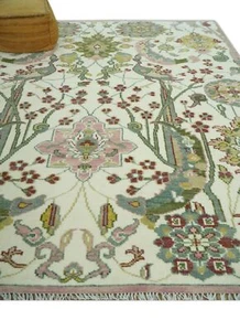 Custom Made Ivory, Maroon, Green And Peach  Jungle Hand Knotted Wool Area Rug - Picture 1 of 12