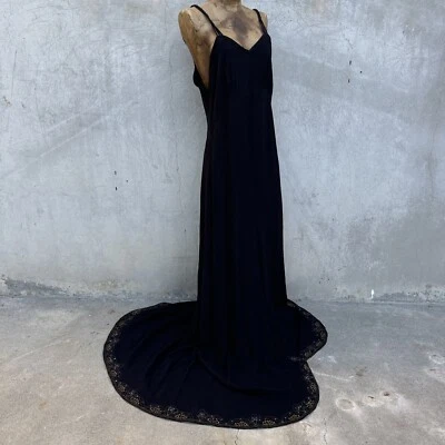 Vintage 1930s Crepe Maxi Gown Gold Metallic Embroidery Blue Rhinestones Dress - Image 1 of 4