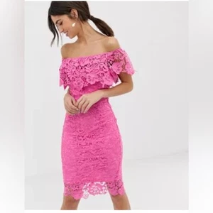 PAPER DOLLS Pink Bardot Lace Pencil Dress With Frill Detail Size 6 - Picture 1 of 9