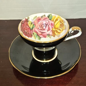 Vintage Aynsley Tea Cup Saucer   Cabbage Rose Beautiful Black Bone China  - Picture 1 of 12