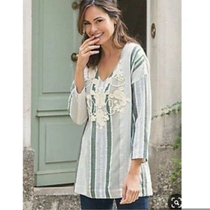Blusa túnica de playa suave envolvente Manhattan rayas bordadas talla mediana - Imagen 1 de 11