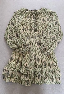 ZARA DRESS SZ SMALL GREEN SMOCKED RUFFLE AZTEC LONG SLEEVE SEE DETAIL - Picture 1 of 11