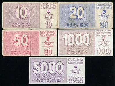 Bosnia - LOT SET 5 Bons - 10 20 50 1000 5000 Dinara Sarajevo Siege War 1992 - Image 1 of 2