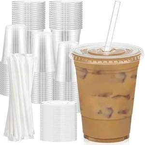 Paquete de 100 vasos de plã¡stico trasparente de 16 oz con tapas y pajitas v... - Foto 1 di 7