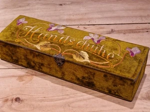 antik Jugendstil Handschuh Samt Schatulle mit alte Lederhandschuhen & Schleife - Bild 1 von 14