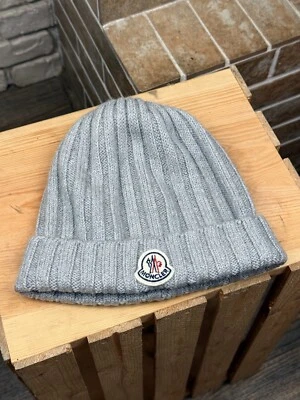 Mens Moncler Gray Wool Logo Beanie Hat OS - Image 1 of 4