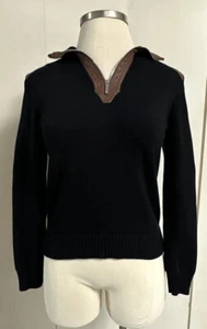Lauren Ralph Lauren Sweater Womens Sz Large 100%Cotton Leather Shoulders 1/4 Zip - Picture 1 of 22