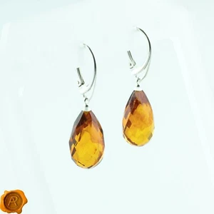 Cognac Baltic Amber Teardrop Silver Large Gemstone Lever Back Earrings Women's - Picture 1 of 4