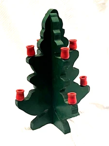 Christmas Tree w/ Red Taper Candle Holders Rustic Solid Wood Handmade Green - Picture 1 of 7