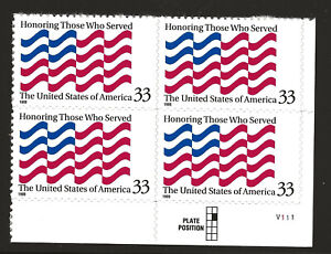 US Scott #3331, Plate Block #V111 1999 Honoring those who Served 33c VF MNH