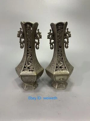 Collection A Pair Old Tibet Silver Handwork Carved Hollow Dragon Vases 33191 - Image 1 of 4