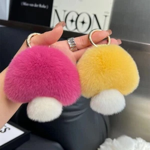 Cute Real Rabbit Fur Mushroom Keychain Pompom Ball Bag Car Phone Pendant Gift - Picture 1 of 14