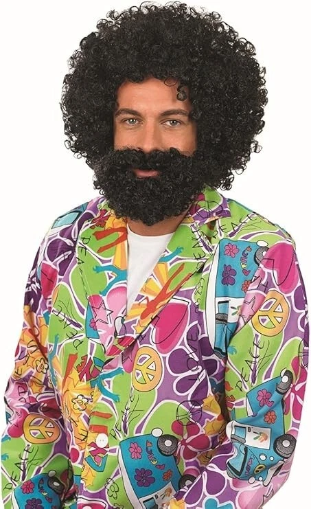Peluca y barba afro negra para hombre adulto años 70 hippie disfraz accesorio cabello hippy Foto 1 de 1