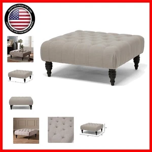 Elegant Tufted Ottoman in Beige Linen – Versatile Coffee Table Alternative - Picture 1 of 9