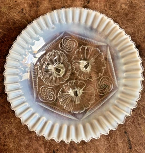 Antique Jefferson Glass White Blue Opalescent 9" 3-Footed Low Glass Bowl Dish - Picture 1 of 7