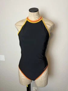 Vintage Speedo Badeanzug 12 schwarz bunt Besatz Neckholder hinten offen Einteiler - Bild 1 von 13
