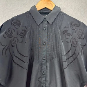 VTG David Matthew Black Rose Print Pleated Button Down Blouse Top SZ 8 Gothic - Picture 1 of 8