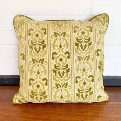MCM Vintage Crushed Velvet Chenille Throw Pillow Demask Gold Green 15x15 Square - Image 1 of 4