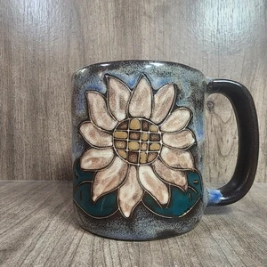 Signierte Mara of Mexico bläuliche Steinzeug Kunstkeramik Sonnenblume Kaffeetasse Teetasse - Bild 1 von 5