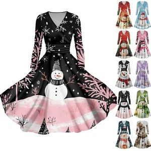 Women's Casual V-Neck Christmas Slim Printed Long Sleeve Fashion Dresses - Picture 1 of 48