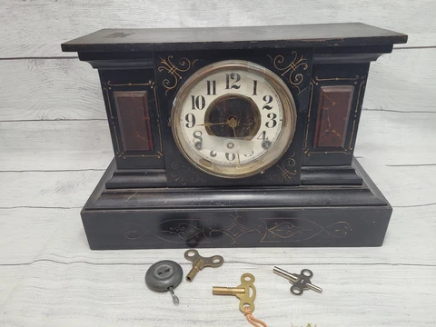 Patent 1882 Ansonia Cast Iron Black Venice Style Marble Mantle Clock 8 Day Key Cover