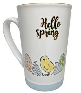 Taza de cerámica blanca de Pascua "Hello Spring" amarilla pollito alta 5,5" H por I❤️it - Imagen 1 de 6