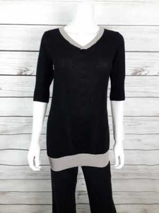 ICB Barneys New York Womens Long Sweater S Black & Beige Trim Stretch Silk Blend - Picture 1 of 5