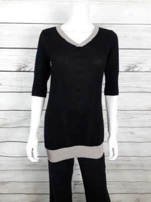 ICB Barneys New York женский длинный свитер S черная и бежевая отделка эластичная шелковая смесь - Изображение 1 из 4