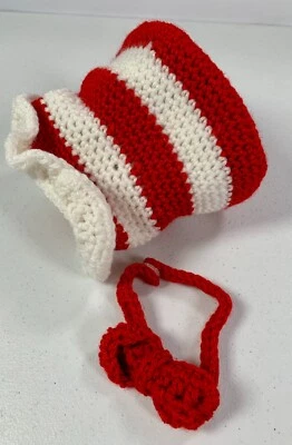 Dr Seuss Cat in The Hat Newborn Photo Prop Handmade Baby Adorable! Hat & Bow Tie - Image 1 of 4