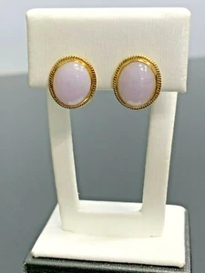 14K Yellow Gold LIGHT Pink Coral Oval Stone Earring  - Picture 1 of 2
