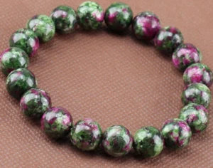 Natural 8mm Green Red Ruby In Zoisite Round Gemstone Stretch Bracelet 7.5'' AA - Picture 1 of 3