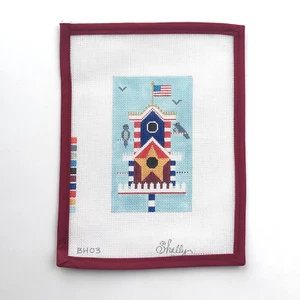 SHELLY TRIBBEY Handpainted Needlepoint Canvas Birdhouse Patriotic Flag 18 Mesh - Picture 1 of 4