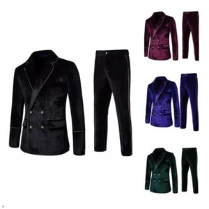 Velvet Men Suits Notch Lapel Slim Fit Double Breasted Groom Tuxedos Jacket Pants - Picture 1 of 28