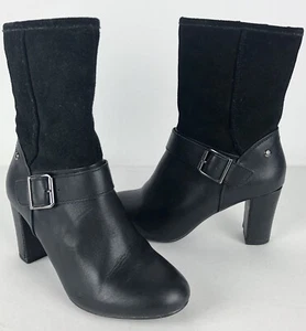 Hush Puppies Moyen Heel Leather Boots sz 6 Black Buckle Mob Wife Classic Minimal - Picture 1 of 11