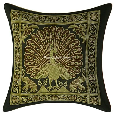 Ethnic Peacock Sofa Pillow Cover 30x30 cm Black Brocade 12x12 Cushion Cover - Image 1 of 3