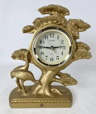 CITIZEN Mantel Clock Quartz Gold Crane Tree Design Vintage Analog - Image 1 of 4