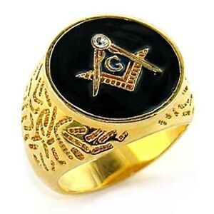 Ring Of The Freemasonry With Cubic Zirconia White And Agate - Black