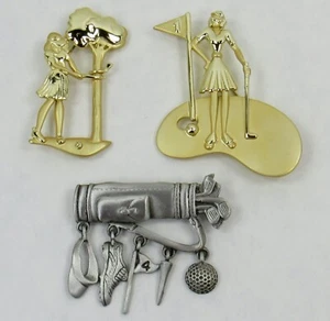 Lady Playing Golf, Woman Golfer & Dangles Bag Brooches Lot of 3 JJ, AJC - Picture 1 of 12