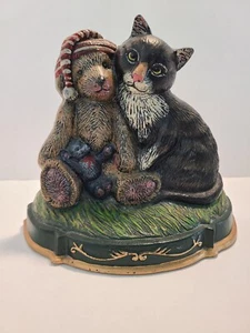 Xmas Vintage Hand painted Cast Iron Bear & Cat Door Stopper Home Decor 9.5"x8.5" - Picture 1 of 12