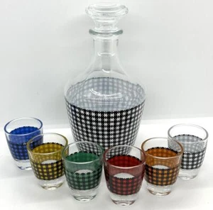 Vintage French Glass Decanter Set /Shot Glasses Houndstooth c1950s France w/Box - Picture 1 of 1