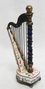 RARE 19th c. VIENNESE AUSTRIAN ENAMEL 3" HARP BRONZE & PILL BOX - Picture 1 of 13