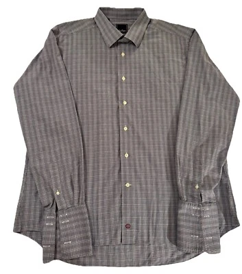 Camisa de vestir David Donahue 18,5 36/37 con botones ajuste puño francés a cuadros azul Foto 1 de 4