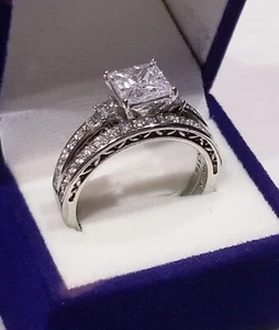 2.50 Ct Princess Solitaire Engagement ring half Eternity Band Wedding ring set c - Picture 1 of 1